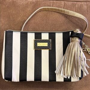 Betsey Johnson Black and White Striped Clutch with Gold Tassel